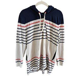 Land's End Woman Size L Nautical Hoodie Flag Colors Elbow Patches 1/4 button Up
